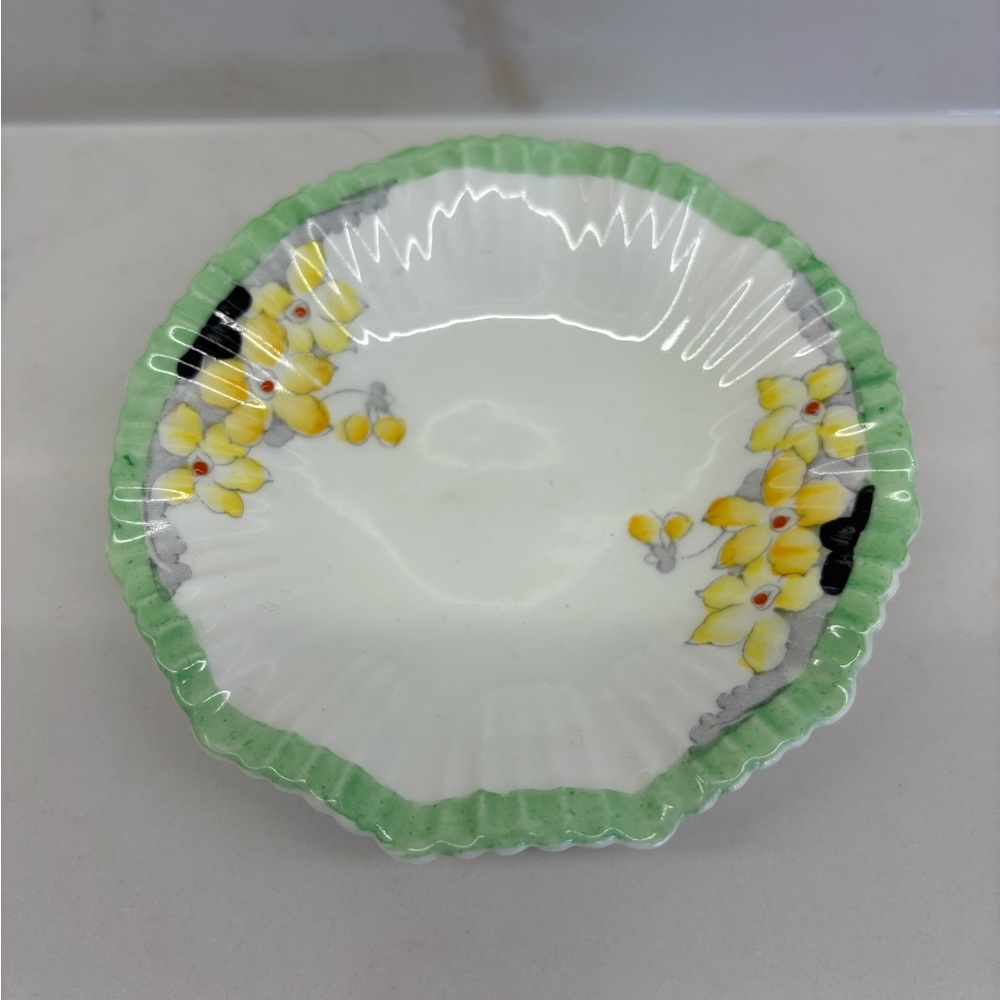 Vintage Floral Decorative Scalloped Trinket Dish Plate Yellow Flowers Green Trim